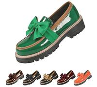 Slip-On Loafer for Women Ladies Patent Leather Bowknot Chunky Platform Loafers with Bow Round Toe Non-Slip Lug Sole Casual Dress Shoes for Office Business Work Daily Size 5.5 Green