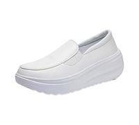 Slip On Loafers for Women Casual Soft Chunky Platform Loafers Lightweight Non Slip Wedge Shoes Chic Slip-On Sneakers Wide Fit Leather Shoes Ladies High Heel Walking Trainers with Arch Support White