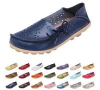 Slip On Loafers for Women Size 6.5 Leather Penny Loafers Hollow Out Comfortable Casual Dressy Flats Driving Shoes Ladies Wide Fit Round Toe Moccasin Flat Soft Walking Boat Shoes Dark Blue