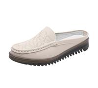 Slip On Loafers Womens Backless，Wedge Mules for Women with Non-Slip Sole & Flower Embroidered Lightweight Closed Toe Backless Loafers Comfort Casual Summer Shoes for Office Daily Summer Wear White