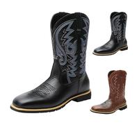 Slip-On Mid Calf Boots for Mens, Classic Embroidered Wide Head Western Cowboy Boots, Mens Non Slip Vintage PU Leather Walking Boot for Concert Daily Wedding Size 7.5 Black
