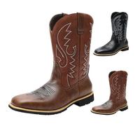 Slip-On Mid Calf Boots for Mens, Classic Embroidered Wide Head Western Cowboy Boots, Mens Non Slip Vintage PU Leather Walking Boot for Concert Daily Wedding Size 6.5 Brown