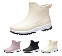 Slip on Rain Boots for Womens Wellington Waterproof Ankle Boots with Anti-Slip Traction Casual Outdoor Rain Shoes for Boating, Camping, Farming, Outdoor Work Beige