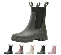 Slip On Rain Boots for Womens Wellington Winter Warm Elastic Chelsea Boots with Plush Lined Ladies Outdoor Waterproof Anti-Slip Ankle Rain Shoes for Garden Fishing Mud Working Green
