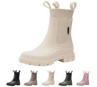 Slip On Rain Boots for Womens Wellington Winter Warm Elastic Chelsea Boots with Plush Lined Ladies Outdoor Waterproof Anti-Slip Ankle Rain Shoes for Garden Fishing Mud Working Beige