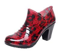 Slip on Riding Boots Thick Heel Short Rain Boots Water Shoe (Red, 5.5)