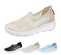 Slip-On Shoes for Womens Lace Mesh Breathable Flat Walking Sneakers Wide Toe Comfortable Lightweight Working Shoes Summer Outdoor Casual Non-Slip Sports Shoe Size 5 UK Beige