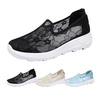 Slip-On Shoes for Womens Lace Mesh Breathable Flat Walking Sneakers Wide Toe Comfortable Lightweight Working Shoes Summer Outdoor Casual Non-Slip Sports Shoe Size 5 UK Black
