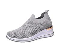 Slip on Trainers,Casual Platform Walking Shoes,Breathable Mesh Fashion Trainers,Lightweight Low Top Tennis Shoes,Non Slip Cushion Sneakers,Memory Foam Trainers Ladies for Outdoor Park Work Grey