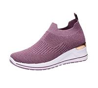 Slip on Trainers,Casual Platform Walking Shoes,Breathable Mesh Fashion Trainers,Lightweight Low Top Tennis Shoes,Non Slip Cushion Sneakers,Memory Foam Trainers Ladies for Outdoor Park Work Purple