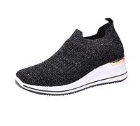 Slip on Trainers,Casual Platform Walking Shoes,Breathable Mesh Fashion Trainers,Lightweight Low Top Tennis Shoes,Non Slip Cushion Sneakers,Memory Foam Trainers Ladies for Outdoor Park Work Black