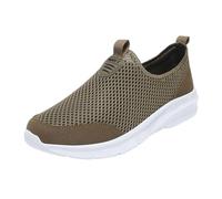 Slip On Trainers Men - Mesh Breathable and Lightweight Running Sports Low Top Shoes - Solid Color Mesh Flying Woven Sneakers with Arch Support - Comfortable Non Slip Outdoor Shoes Flat Bottom Khaki