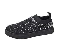 Slip on Trainers Women,Women's Rhinestone Mesh Slip on Walking Shoes Knit Pumps Flat Heel Sneakers Lightweight Breathable Trainers Sparkly Sneakers Pumps (Black,39EU)