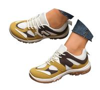 Slip On Trainers, Women's Running Shoes, Trainers, Women's 2-Tone Running Shoes with Laces, Thick Soles, Casual Border Sports Shoes for Women, yellow, 4.5 UK