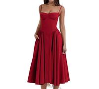 Slipasikao Sleeveless Corset Fit Midi Dress Boho Sexy Off Shoulder Low Cut Flowy Pleated Hem Floral Print A Line Sundress (Red,M)