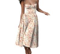 Slipasikao Sleeveless Corset Fit Midi Dress Boho Sexy Off Shoulder Low Cut Flowy Pleated Hem Floral Print A Line Sundress (Flower-2,XL)