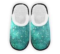 Slippers for Women Girl, Glitter Stars in Teal Galaxy Memory Foam Slip on House Shoes