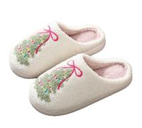 Slippers for Women Men Warm Christmas Cozy Fuzzy Cushion with Cookies Santa and Christmas Tree Prints Antislip Lightweight Slipper Slip-on Slippers Winter Warm for Indoor and Outdoor (01 White, 7.5)