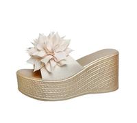 Slippers Ladies Slippers Summer Fashion Slope Heel Thick Bottom Super High Heel Platform Flower One Word Women's Drag Sandals Beige