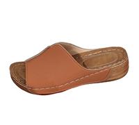 Slippers with Wedge Heel, Women's Orthopaedic Wedge Sandals, Peep Toe, Leather Slip-On Sandals, Platform, One Strap, Outdoor Sandals, Non-Slip Bohemian Beach Sandals, Size 36-43, brown, 10 UK