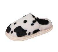 Slippers Women Cow Spots Print Non-Slip Fluffy Slipper Closed Toe Plush Fleece Relaxed Slippers Soft Soled Colorblock Loungwear Indoors Footwear Garden Nightwear Breathable Shoes