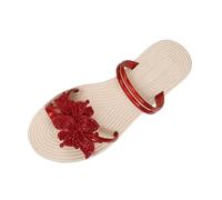 Slippers Women Gold Flower flip Flops with Metallic Ring Straps, Toe Post Front, Flat Ribbed Sole, Decorated Resort Look, for Beach Holidays, Poolside, Summer Events and Evening strolls (Red, 6.5)