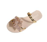 Slippers Women Gold Flower flip Flops with Metallic Ring Straps, Toe Post Front, Flat Ribbed Sole, Decorated Resort Look, for Beach Holidays, Poolside, Summer Events and Evening strolls (Gold, 6.5)