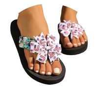 Slippers Women Patriotic Bow Platform flip Flops with Stars and Stripes Look, Wide Bow Strap, Thick Black Sole, Colourful Flag Inspired Print, for Warm Weather Styling, for Daily Outfits (White, 3.5)