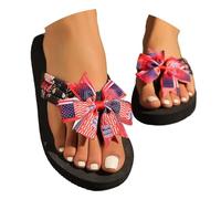 Slippers Women Patriotic Bow Platform flip Flops with Stars and Stripes Look, Wide Bow Strap, Thick Black Sole, Colourful Flag Inspired Print, for Warm Weather Styling, for Daily Outfits (Red, 6)