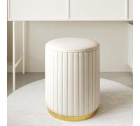 Slish White Round Velvet Ottoman Stool - Low Leather Footrest, Upholstered Design with Base for Living Room, Bedroom, and Shop (13x16.5in)