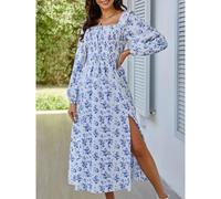 Slit Smocked Floral Square Neck Balloon Sleeve Midi Dress- Blue Everyday The Label Blue 20