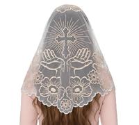 SLITHICE Embroidered Cross Lace Mantilla Veil for Catholic Mass Traditional Latin Mass Head Covering Chapel Veil for Church Weddings (White&Champagne)
