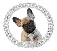 Sliver Dog Chain Collar, Glitter Sparkly Diamond Metal Necklace Cuban Link Rhinestone Puppy Collars For Small Medium Large Pet Dogs, 12 inch
