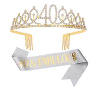 Sliver Gold "40 & Fabulous"Sash & Rhinestone Tiara Set, 40th Birthday Gifts for Women, Birthday Sash/Tiara for Women's 40th Birthday Party Decoration (Sliver 40th)