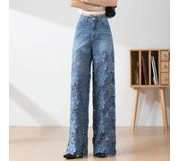 SLJYM elegant jeans for women high waist lace patchwork trousers hollow out oversized spring casual pants