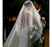 SLJYM Pearls Bridal Veil 2 Tiers Blusher Wedding Drop Face-Covered With Comb White/Ivory Bead Cathedral 300cm
