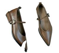 SLJYM Pointed Toe Women Shoes Buckle Strap Solid Color Retro Low Heel Shallow Female Shoes Leather Concise Casual Shoes Brown