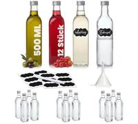 slkfactory 12 500ml Glass Bottles with Screw Top Lids - Square Glass Bottles with Lids 500 ml for Sloe Gin, Wine, Cordial & Oil - Labels Included