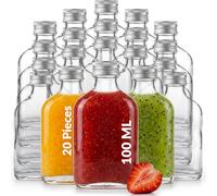 slkfactory 20 Small 100ml Glass Bottles with Lids - Empty Flat Hip Flask Style 100 ml Screw Cap Bottles for Homemade Sloe Gin, Liqueur, Vinegar, Oil & Juice - Easy Label, Christmas Gift & Craft Size