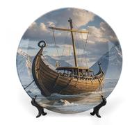 SLKMHFT 10inch Bone China Decorative Plate with Display Old Viking Boat Printed Ceramic Decor Plate Dinner Plates Crafts Decorative Plates for Home Hanging Decoration