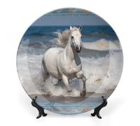 SLKMHFT 8inch Bone China Decorative Plate with Display White Horse Running on The Sea Printed Ceramic Decor Plate Dinner Plates Crafts Decorative Plates for Home Hanging Decoration