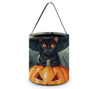 SLKMHFT Collapsible Halloween Tote Candy Bag Black Cat Witch Print Printed Candy Bucket Reusable Candy Basket with Handles for Halloween Party Christmas Party Storage, Black Cat Witch Print,