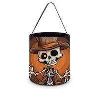 SLKMHFT Collapsible Halloween Tote Candy Bag Funny Skeleton Printed Candy Bucket Reusable Candy Basket with Handles for Halloween Party Christmas Party Storage, Funny Skeleton, 7.9*7.9*8.3 inches