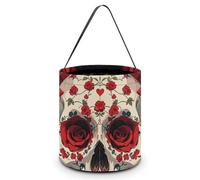 SLKMHFT Collapsible Halloween Tote Candy Bag Red Rose Skeleton Printed Candy Bucket Reusable Candy Basket with Handles for Halloween Party Christmas Party Storage, Red Rose Skeleton, 7.9*7.9*8.3