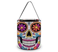 SLKMHFT Collapsible Halloween Tote Candy Bag Sugar Skull Printed Candy Bucket Reusable Candy Basket with Handles for Halloween Party Christmas Party Storage, Sugar Skull, 7.9*7.9*8.3 inches