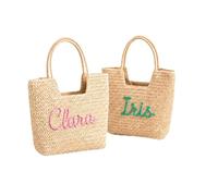 SLKXNU Personalised Name Straw Beach Tote Bag, Hand Crochet Raffia Woven Capacity Summer Shoulder Handbag, Custom Embroidered Text Boho Shopping Purse, Birthday Presents for Women Her Mum Friend