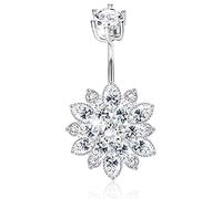 Sllaiss 14G Belly Button Ring - 925 Sterling Silver Flower Navel Ring for Women - Cubic Zirconia