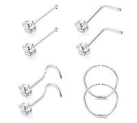 Sllaiss 22G 925 Sterling Silver Nose Rings Studs L Shaped CZ Nose Rings Hoop for Women Men Corkscrew Nose Rings Helix Piercing Jewelry Set Cartilage Earrings Hoop Tragus 8Pcs (1.5)