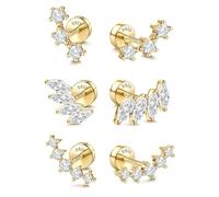 SLLAISS 3 Pairs Flat Back Earrings Stud | 925 Sterling Silver Hypoallergenic Helix Piercing Jewellery Cartilage Lobe Conch Tragus Piercings 14K Gold Plated with Small Screw CZ Earring Set