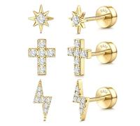SLLAISS 3 Pairs Flat Back Earrings Stud | 925 Sterling Silver Hypoallergenic Helix Piercing Jewellery Tragus Piercings Cartilage Lobe Conch 14K Gold Plated with Small Screw CZ Earring Set